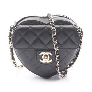 Chanel Heart Chain Clutch Bag Matelasse Shoulder Lambskin Leather Black